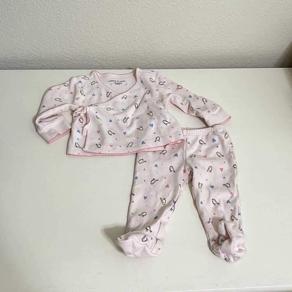 Janie and Jack Pink Bird Heart Kimono Top Footed Pants Set Baby Girl 3-6 Months